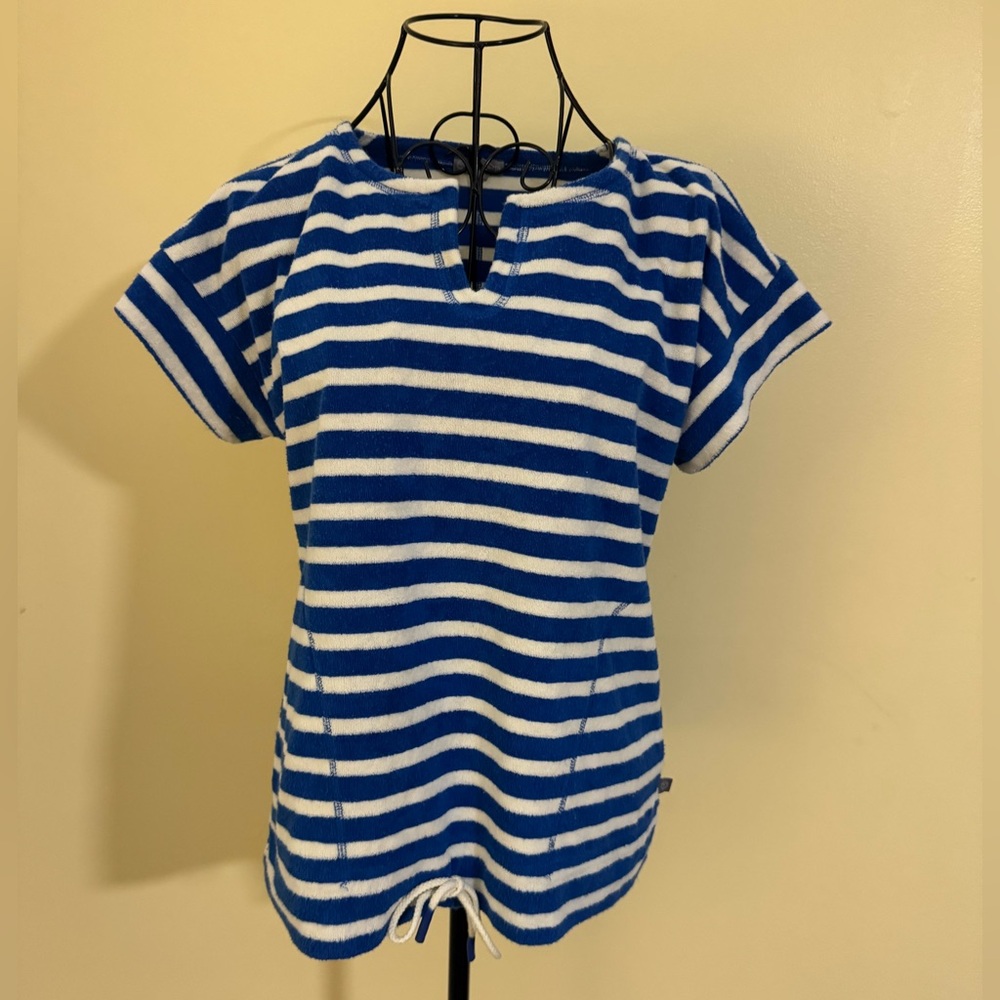 T by Talbots Split Neck Terry Cloth Drawstring Waist Striped Top Size SP - Picture 2 of 8